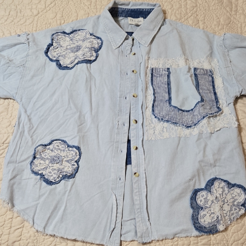New, Oli And Hali Blue Denim Shirt with Lace Accents